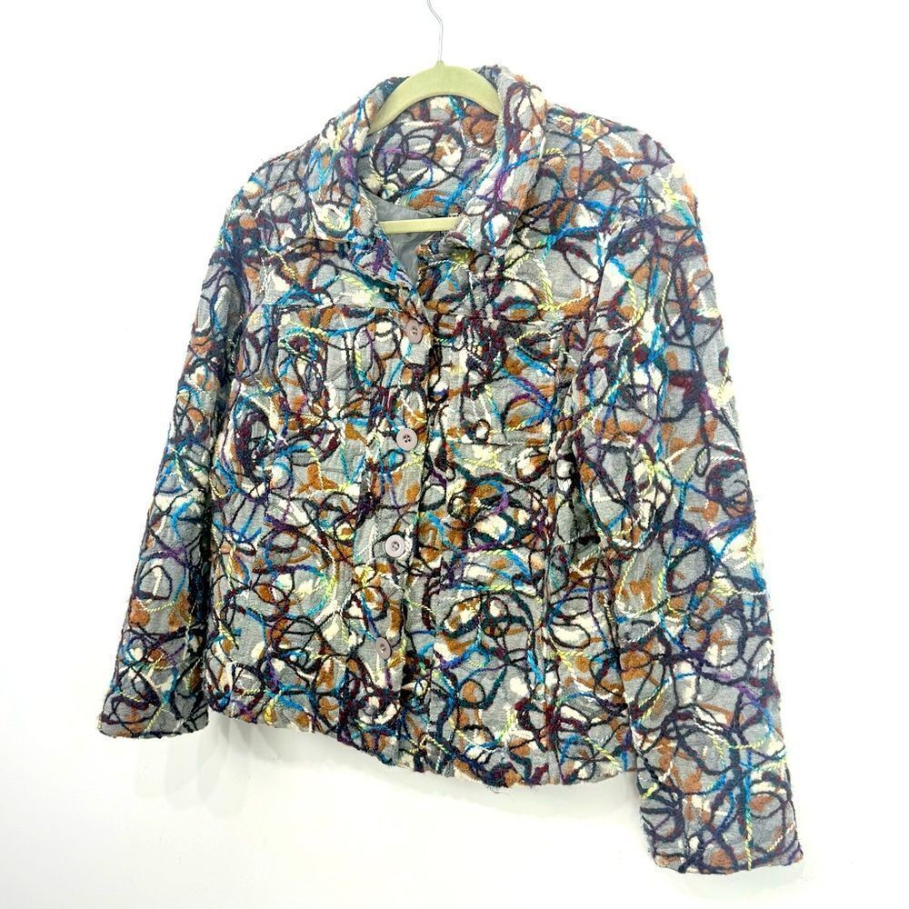 KakTus Gray Colorful All Over Yarn Embellished Button Front Blazer Jacket - Picture 5 of 16